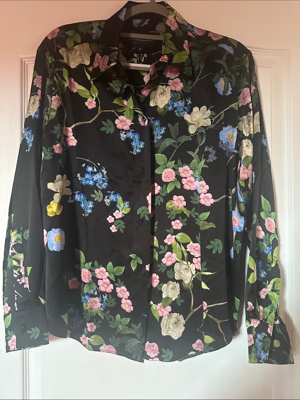Cynthia Rowley Black Floral Button-Up with Pink and Blue Blooms